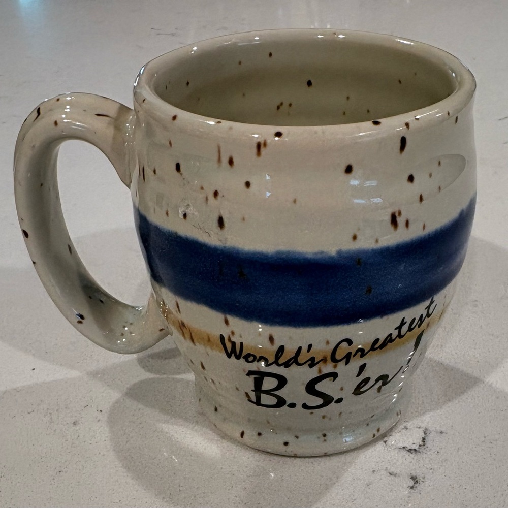 Speckled Blue & Cream Ceramic Mug “Clay In Mind” Worlds Greatest BS.er